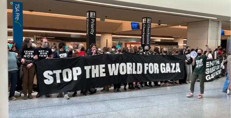 Protesters at San Francisco International Airport urge ceasefire in Gaza after 158 days of attacks