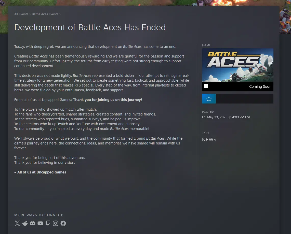 Post original del equipo de Uncapped Games sobre la cancelación de Battle Aces. Steam, 2025.