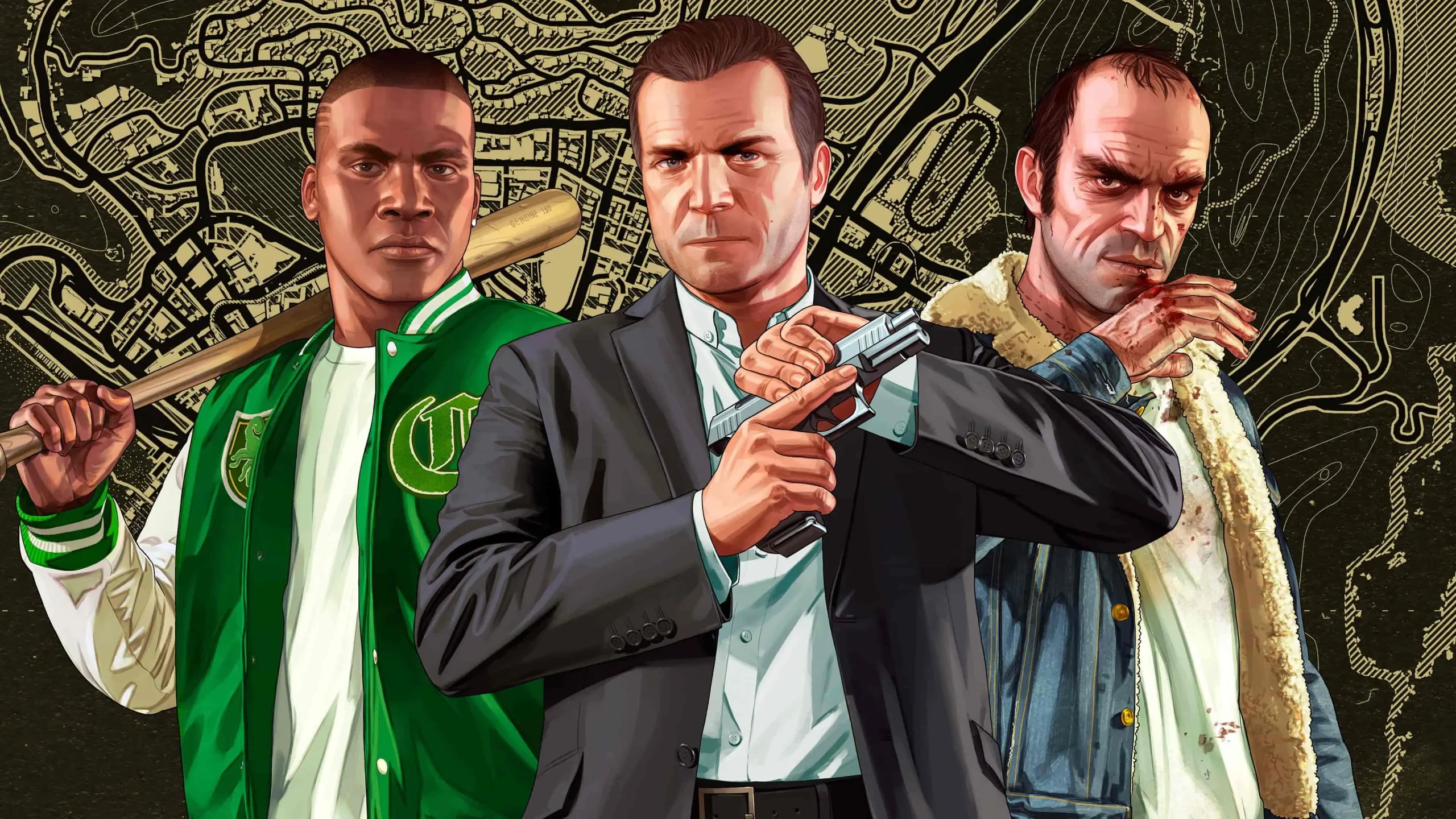 Ilustración oficial de los tres personajes principales de GTA 5. Página oficial de Rockstar.
