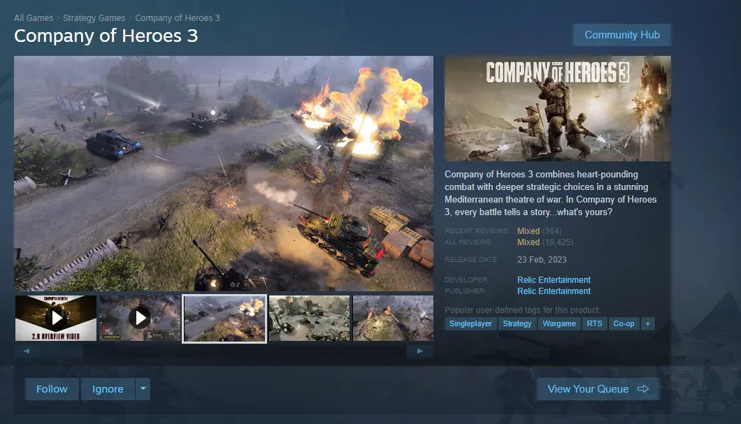 Las reseñas del juego Company of Heroes 3 siguen en mixtas y los desarrolladores han pedido que los jugadores cambien sus reseñas negativas si las actualizaciones recientes los han dejado satisfechos. Steam, 2025.