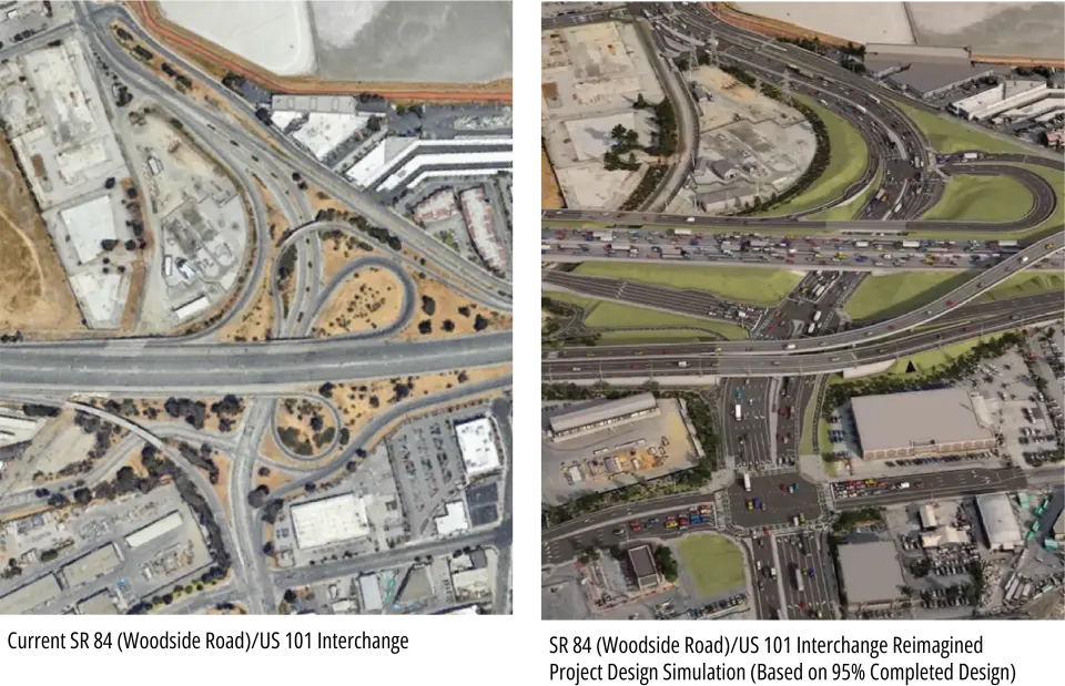(Izquierda) Intercambiador de la Ruta Estatal 84 actualmente (Woodside Road)/US 101. (Derecha) Simulación del nuevo diseño del Intercambiador de la Ruta Estatal 84 (Woodside Road)/US 101 (basado en un diseño completado al 95%).
