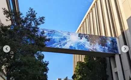 El puente de Winslow Street en Redwood City, que alguna vez lució un tono deslucido, casi del color de la arena del Sahara, ahora resplandece en azules y verdes, con un estallido de sol en su centro luego de que la obra titulada “Dosel Contemplativo” de la artista Kseniya Makarova.