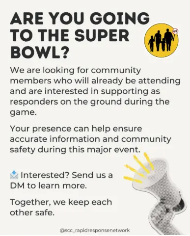 Santa Clara County Rapid Response Network busca miembros de comunidad que apoyen y protejan a quienes se sientan vulnerables al acudir al Super Bowl (Facebook).