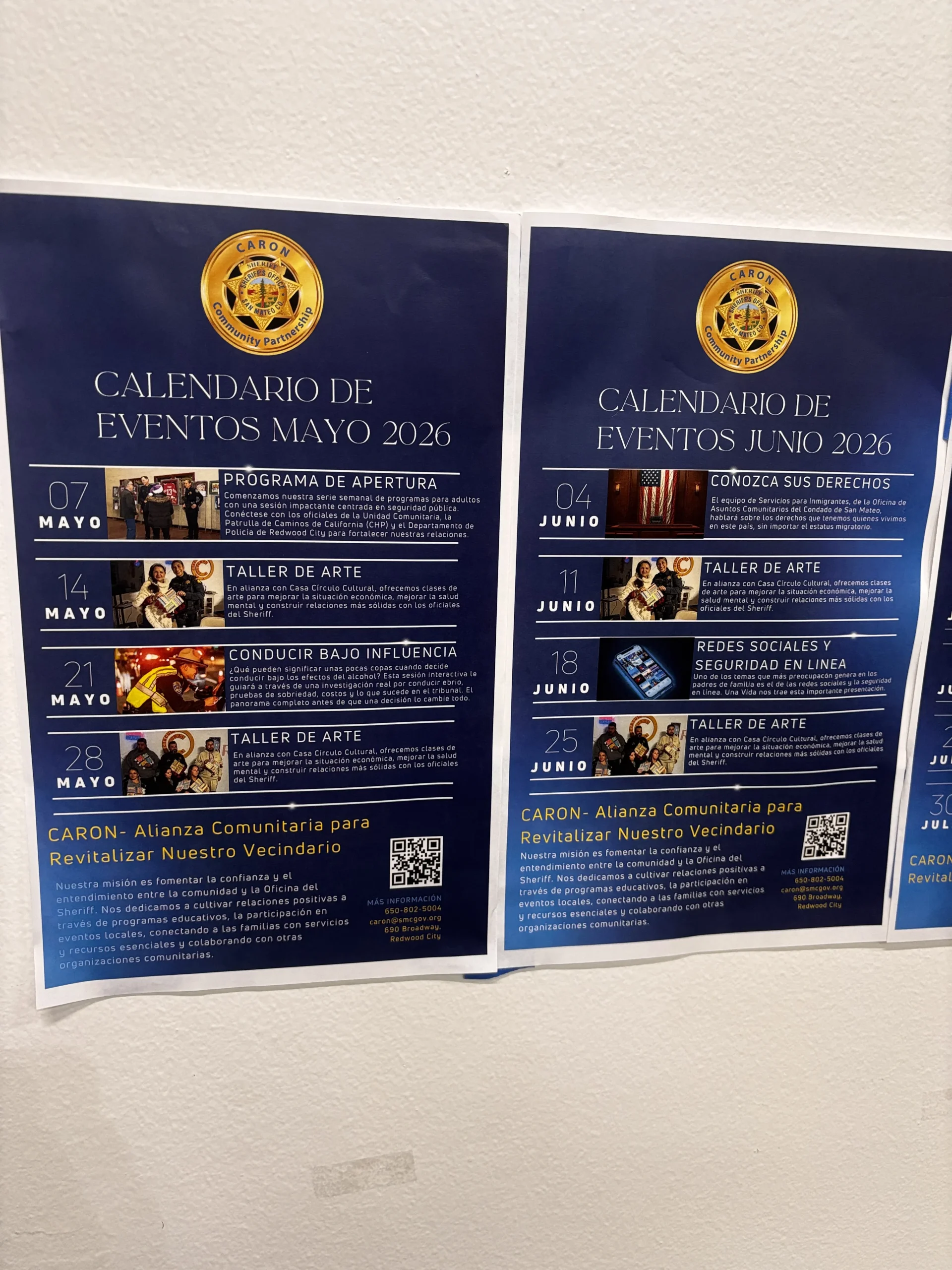 Calendario de eventos de CARON para mayo y junio. Todas las clases son gratuitas.