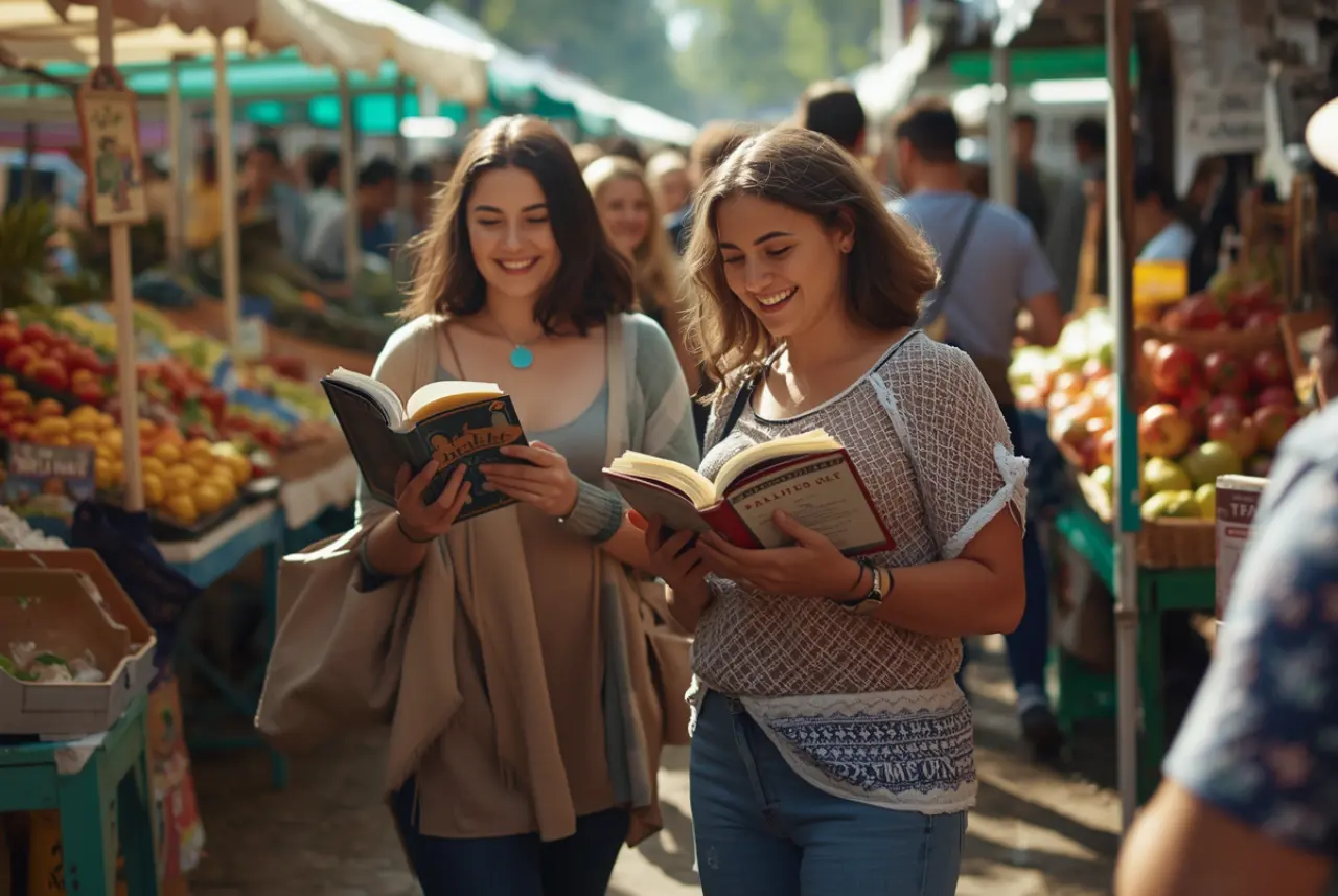 Entre puestos de frutas frescas, flores y productos locales, Rebecca impulsa la lectura en mercado comunitario.