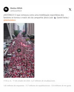 El tuit dice: “¡Lo que comenzó como una movilización espontánea de los simpatizantes se convirtió en el mayor acto de campaña! ¡Vamos Lula!”